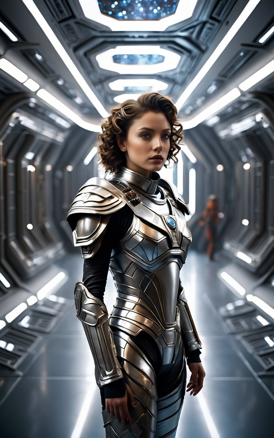 (best quality, 4K, 8K, high-res, masterpiece:1.2), ultra-detailed, photorealistic, cinematic photography, beautiful young woman, intricate silver and diamond armor with shoulder pads, standing in a corridor on an alien space station, brown hair in curls, futuristic setting, dramatic lighting, high detail, high resolution, sci-fi atmosphere, expressive eyes.