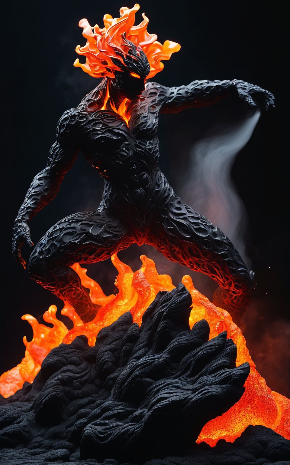 (ultra detailed, 8K, highly detailed, masterpiece, intricate, beautiful), (surreal, fantasy, sculpture, abstract), a stunning sculpture of a humanoid figure made of lava and rock. The figure is in a dynamic pose, with flowing lava-like material creating a sense of motion around it. The contrast between the dark rock and the glowing lava elements creates an ethereal and powerful appearance. The background is dark, which emphasizes the bright, molten features and gives the sculpture an otherworldly and captivating presence.