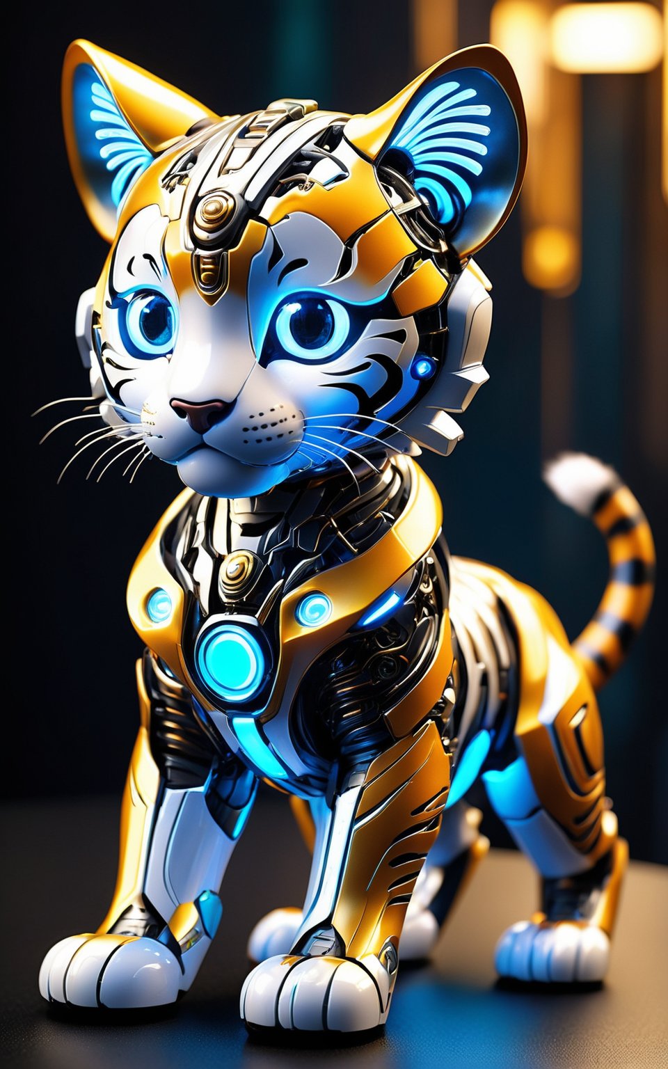 (cute and futuristic), envision a delightful cyborg tiger cub with neon-glowing mechanical enhancements. Picture the adorable feline with sleek, metallic body parts intricately integrated with its furry form, emitting a soft neon glow that illuminates its surroundings. The tiger's playful demeanor is accentuated by its cybernetic features, blending the innocence of youth with the marvels of advanced technology. Imagine the tiny cub exploring its surroundings with curiosity, its luminous body parts adding a touch of futuristic charm to its appearance. This concept demands attention to detail in rendering the seamless fusion of organic and mechanical elements, creating a captivating portrayal of a cybernetic creature. Transport the viewer to a world where nature and technology harmonize in perfect synergy, offering a glimpse into a future where even the wildest beasts are touched by the wonders of science and innovation.
