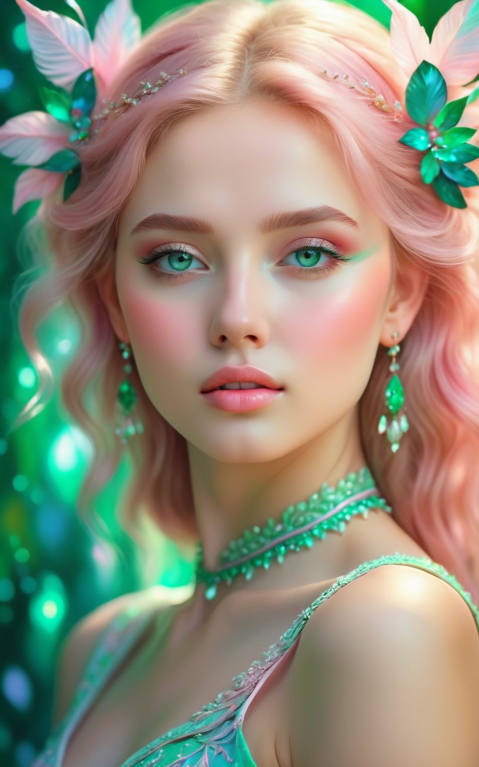 (best quality, 4K, 8K, high-resolution, masterpiece), ultra-detailed, colorful pastel, beautiful young woman, digital art, detailed facial features, light pink tones, emerald tones, charming character illustrations, soft focus, intricate design, gentle expression, ethereal atmosphere, vibrant colors, delicate details, artistic elegance, high detail, high resolution.