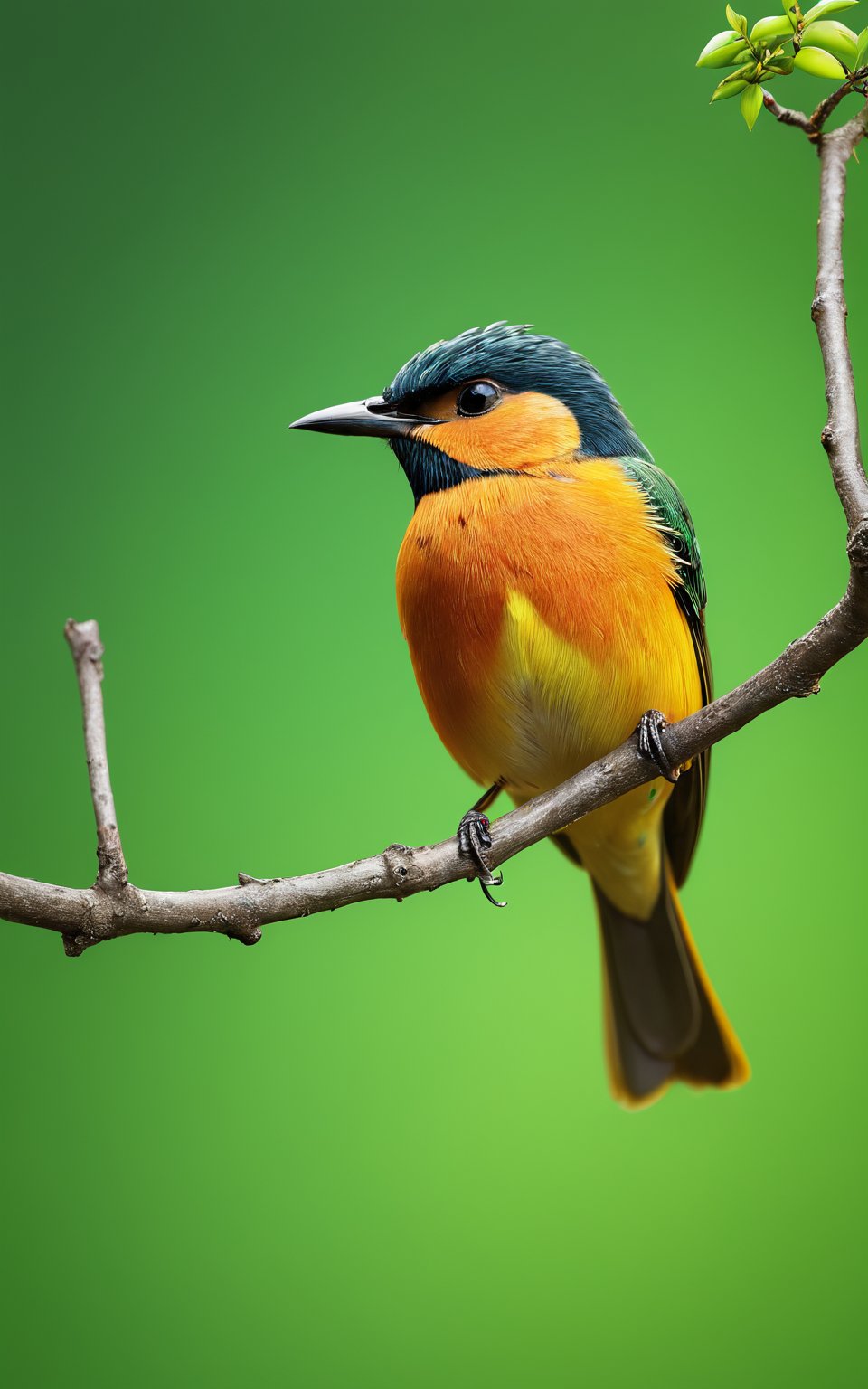 (best quality,8K,highres,masterpiece), ultra-detailed,photorealistic,bird, macro photography, looking at viewer,simple background,jewelry,gradient,bird,animal,green background,branch
