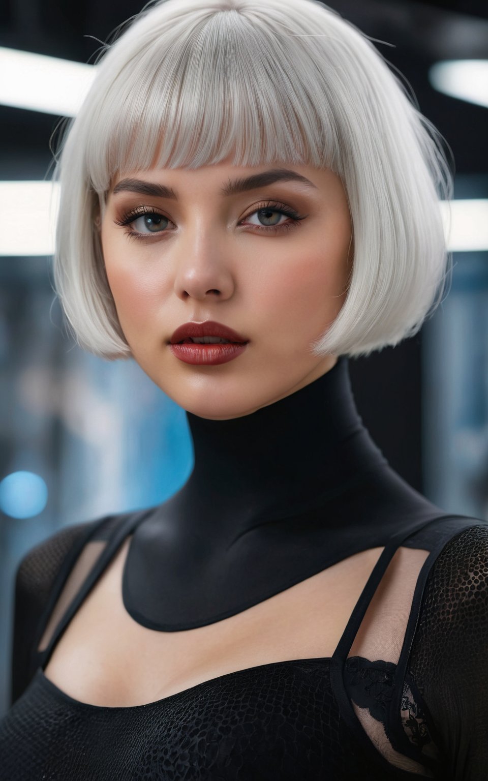 (best quality, 4k, 8k, high-res, masterpiece), ultra-detailed, (realistic, photorealistic, photo-realistic), 1girl, solo, looking at viewer, short hair, bangs, upper body, white hair, lips, bodysuit, makeup, nose, black bodysuit