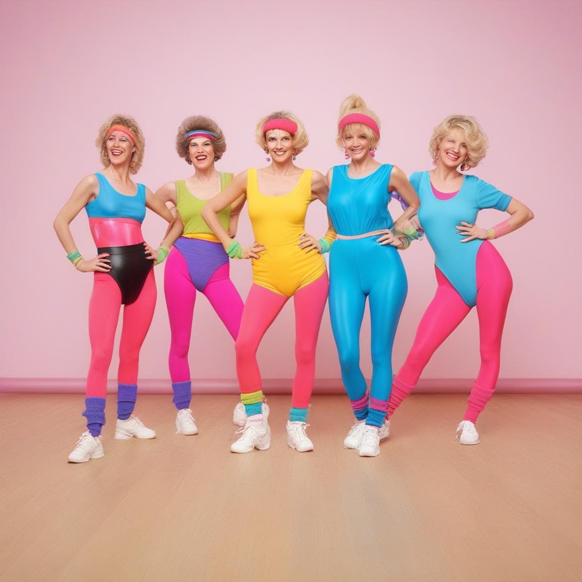 aerobics class, 4 women in 80s aerobic outfit, in a studio