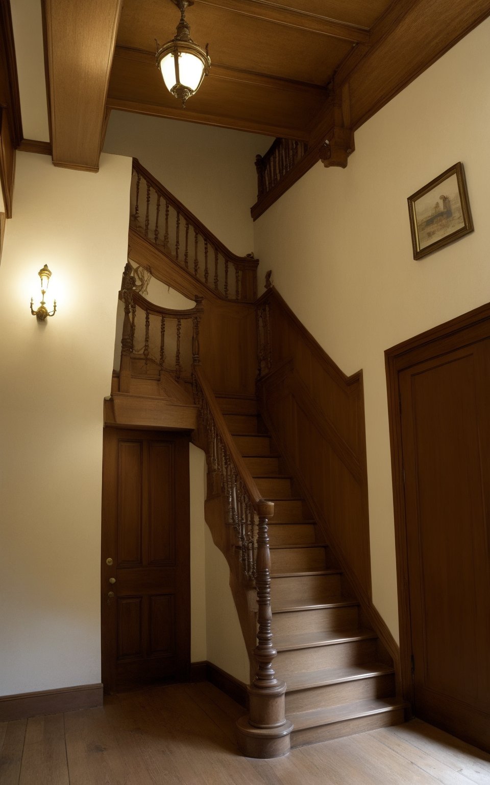 A grand, old staircase with an ornate banister, leading up to a landing. The scene is dimly lit, and a cold draft causes cobwebs to sway gently.