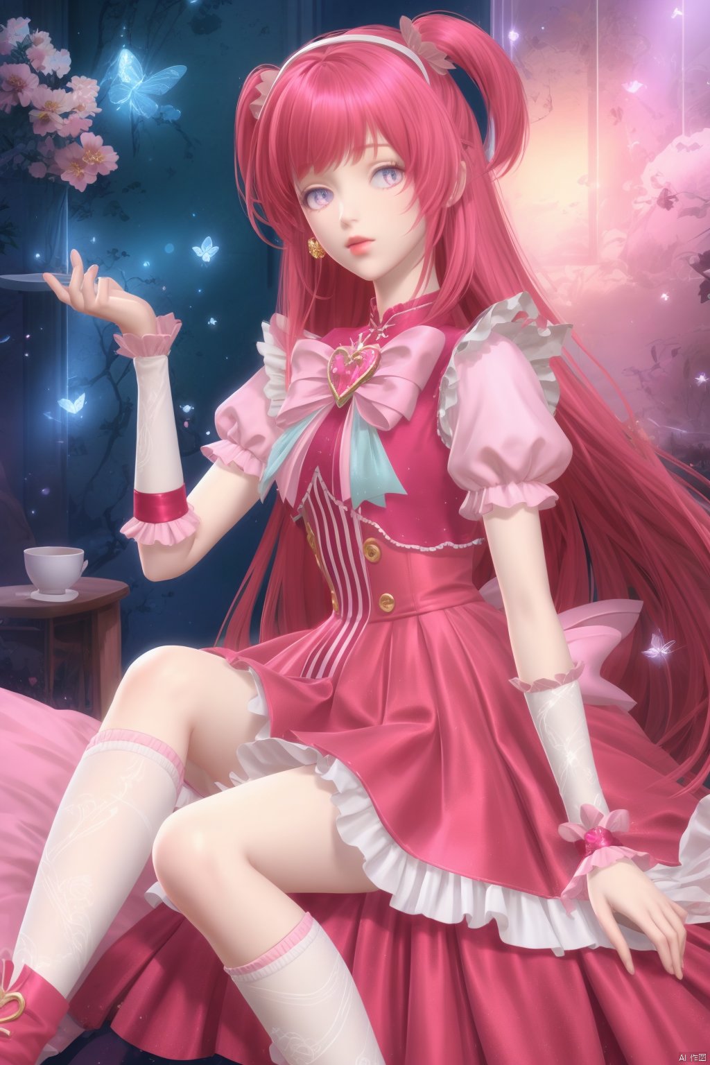 pink theme,room,1girl, solo, long hair, skirt, dress, bow, jewelry,  pink hair, flower, boots, socks,, kneehighs, magical girl, bug, brooch,