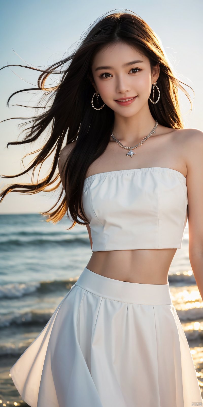 best quality, masterpiece, realistic,cowboy_shot,(Good structure), DSLR Quality,Depth of field,kind smile,looking_at_viewer,Dynamic pose, 1girl, solo, long hair, , looking at viewer, skirt, hair ornament, bare shoulders, jewelry, , earrings, outdoors, midriff, water, necklace, lips, crop top, ocean, white skirt, strapless vest, sunset, sun, , , 