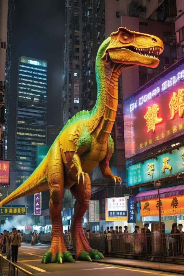 A prehistoric dinosaur stands majestically on the bustling streets of Hong Kong. Framed by towering skyscrapers, the giant creature's scales glimmer under neon lights. Its long neck surveys the vibrant cityscape as it takes a gentle stride, pedestrians and street vendors momentarily frozen in awe. high quality, masterpiece,