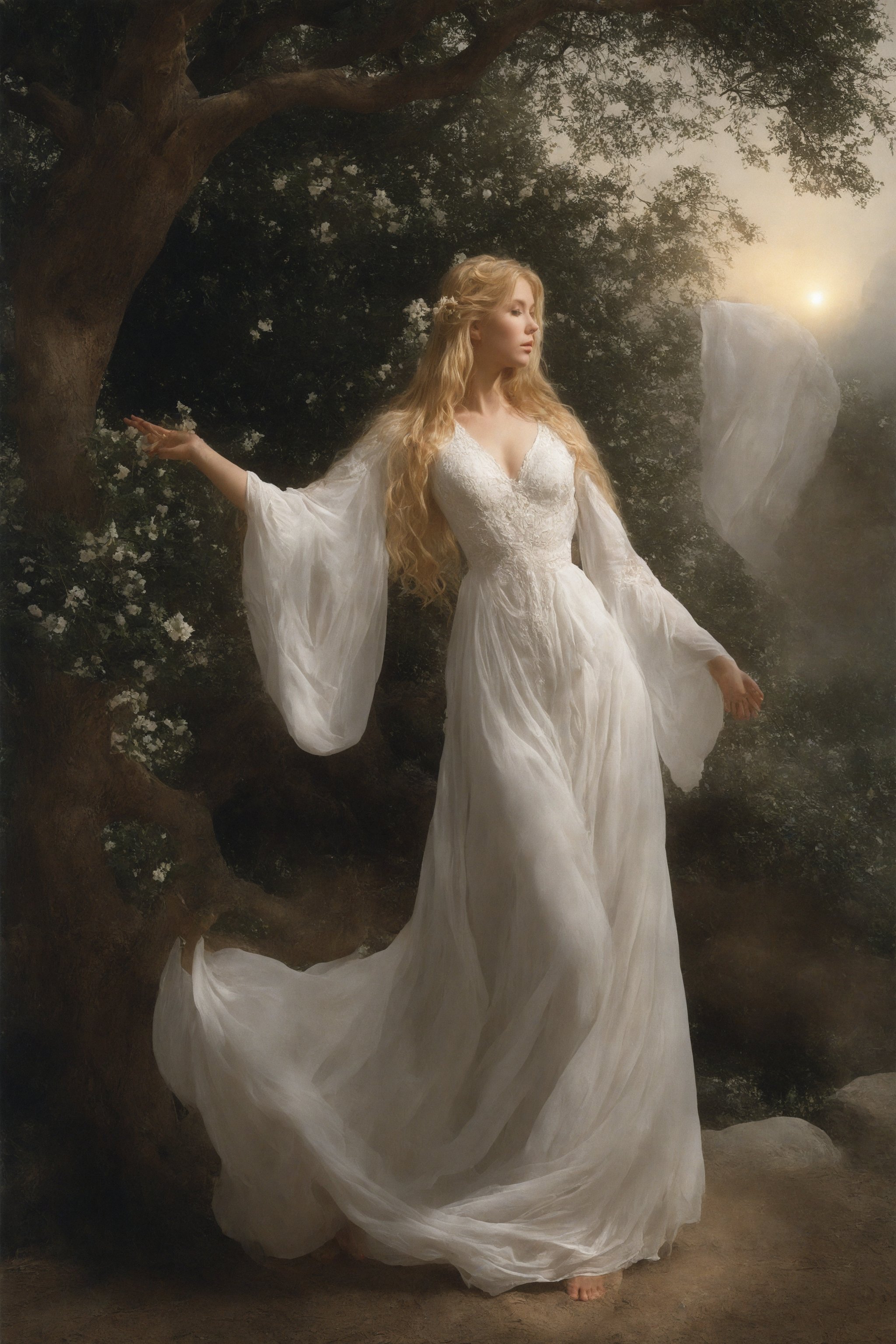 A serene scene unfolds as a single blonde-haired girl, dressed in a flowing white gown with intricate bell sleeves, stands beneath the branches of a majestic tree. Her long hair cascades down her back like a golden waterfall. A delicate flower rests gently on her outstretched hand, as if offering a symbol of innocence and purity. Chiaroscuro style,