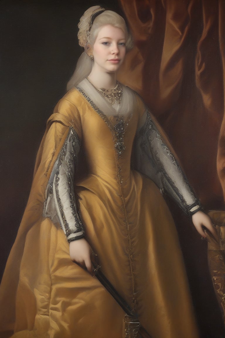 A young lady from the 17th century, dressed in her finest attire. She stands confidently, her bright blue eyes sparkling under a powdered wig, as she gazes directly at the viewer. Her slender fingers grasp the delicate lace of her ruffled neckline, her dainty hands adorned with intricate jewelry. A soft, golden light illuminates her porcelain skin, with subtle shadows accentuating the curves of her face. Against a rich, dark background, she is framed by ornate drapery, evoking a sense of luxury and sophistication.