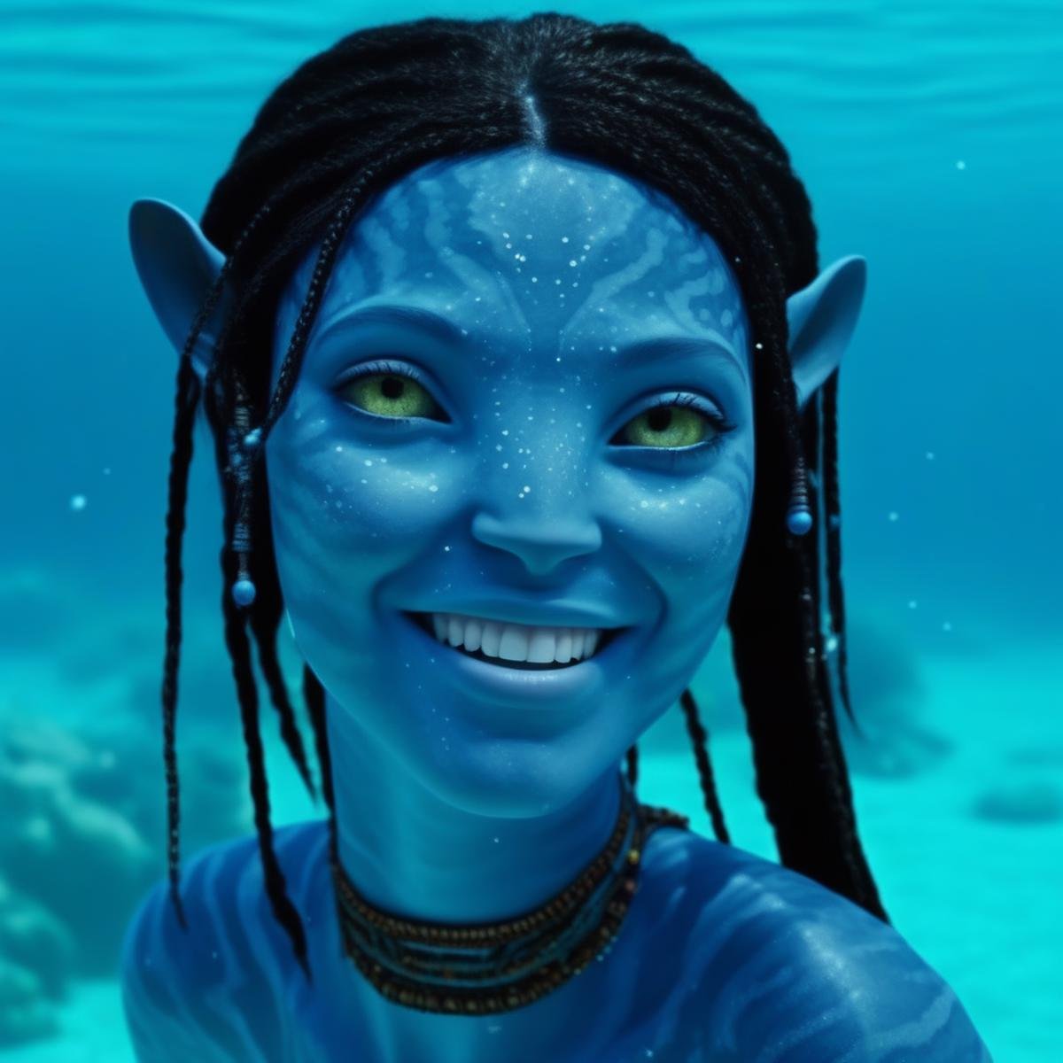 Beautiful na’vi, blue skin, freckles, black braids, tribal jewelry, female, 1girl, smiling, underwater scene, coral in background, air bubbles, realistic_eyes, skin details, hyper_realistic, extreme details, HDR, 4k quality, perfect, HD resolution, movie scene, movie still