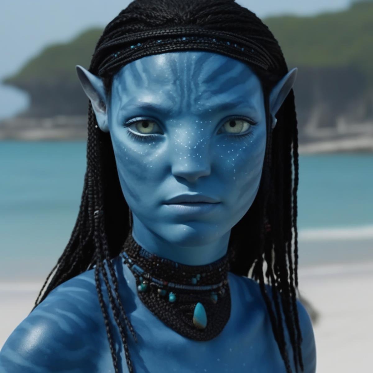 Beautiful na’vi, blue skin, freckles, black braids, tribal jewelry, female, 1girl, on the beach, serious face, realistic_eyes, skin details, hyper_realistic, extreme details, HDR, 4k quality, perfect, HD resolution, movie scene, movie still