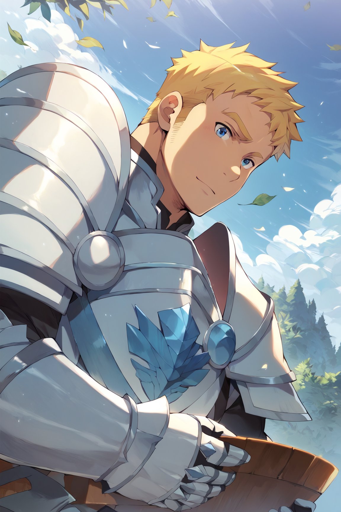 score_9, score_8_up, score_7_up, bara, masterpiece, best quality, best aesthetic, perfect anatomy, perfect proportions, high_resolution, 1boy, solo male, focus male, climb, blonde hair, blue eyes, short-hair, gauntlets, shoulder armor, pauldrons, breastplate, armored boots