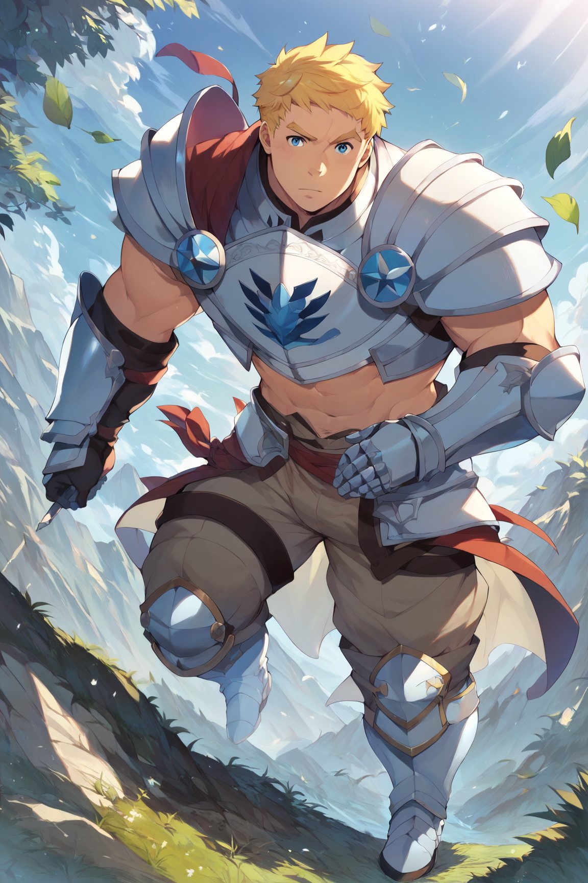 score_9, score_8_up, score_7_up, bara, masterpiece, best quality, best aesthetic, perfect anatomy, perfect proportions, high_resolution, full body, 1boy, solo male, focus male, climb, blonde hair, blue eyes, short-hair, gauntlets, shoulder armor, pauldrons, breastplate, armored boots