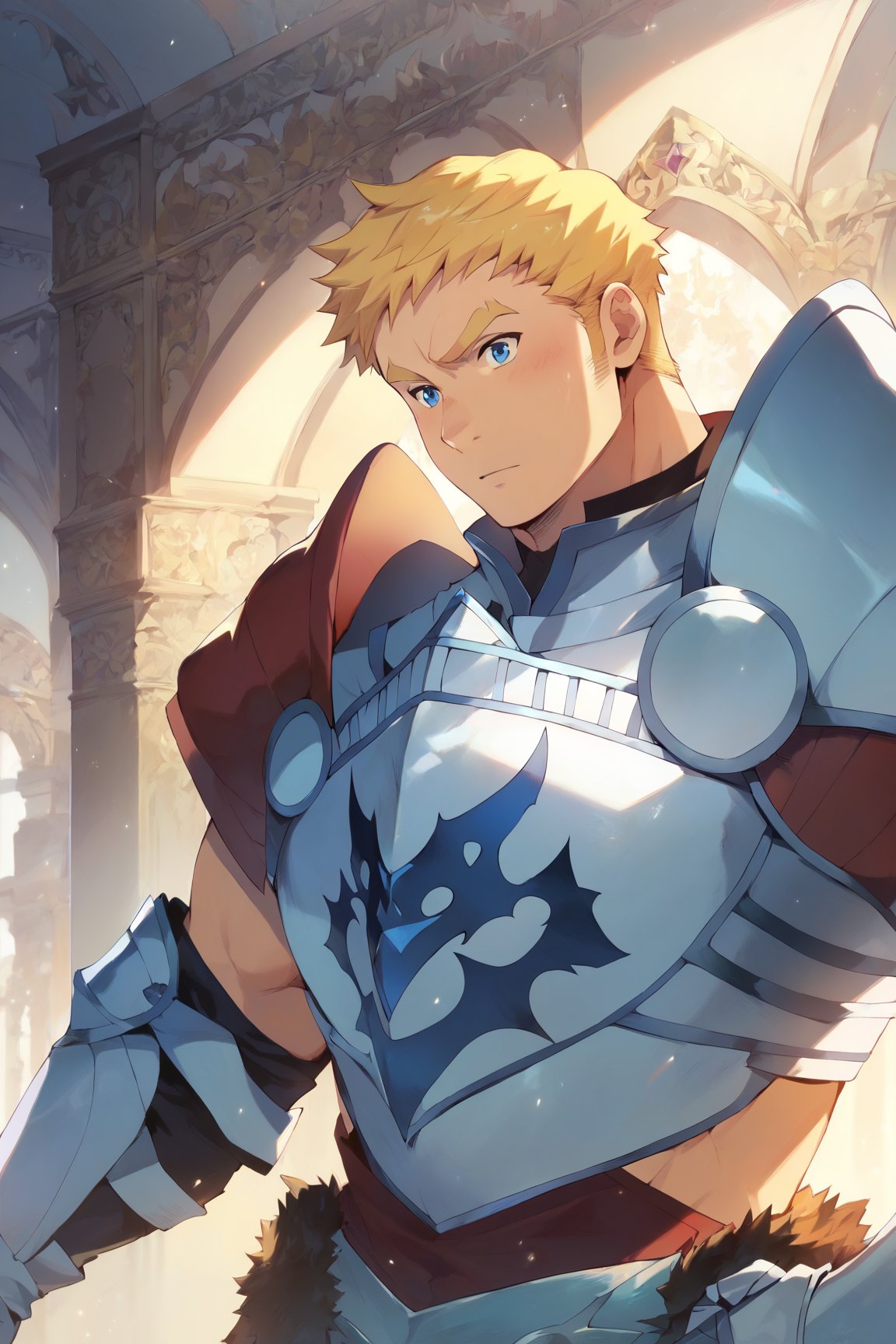 score_9, score_8_up, score_7_up, bara, masterpiece, best quality, best aesthetic, perfect anatomy, perfect proportions, high_resolution, 1boy, solo male, focus male, climb, blonde hair, blue eyes, short-hair, gauntlets, shoulder armor, pauldrons, breastplate, armored boots