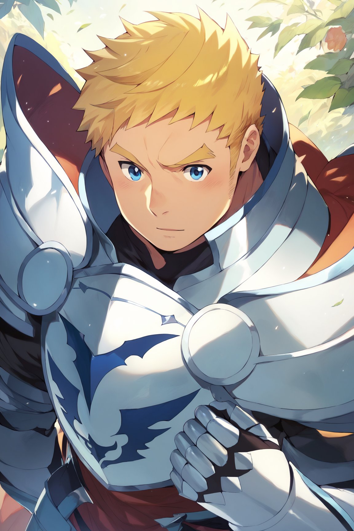 score_9, score_8_up, score_7_up, bara, masterpiece, best quality, best aesthetic, perfect anatomy, perfect proportions, high_resolution, 1boy, solo male, focus male, climb, blonde hair, blue eyes, short-hair, gauntlets, shoulder armor, pauldrons, breastplate, armored boots