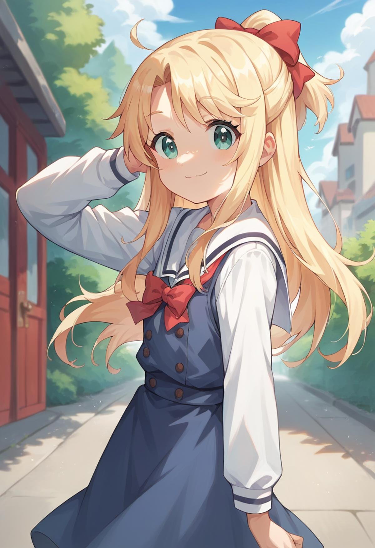 score_9, score_8_up, score_7_up, source_anime, masterpiece, 1girl, ctianhimesaka,petite, sailor dress, neck bow, white shirt, sailor collar, long sleeves, outdoors, smile,  looking at viewer, <lora:HimesakaNoaPONYXLversion2:0.8>