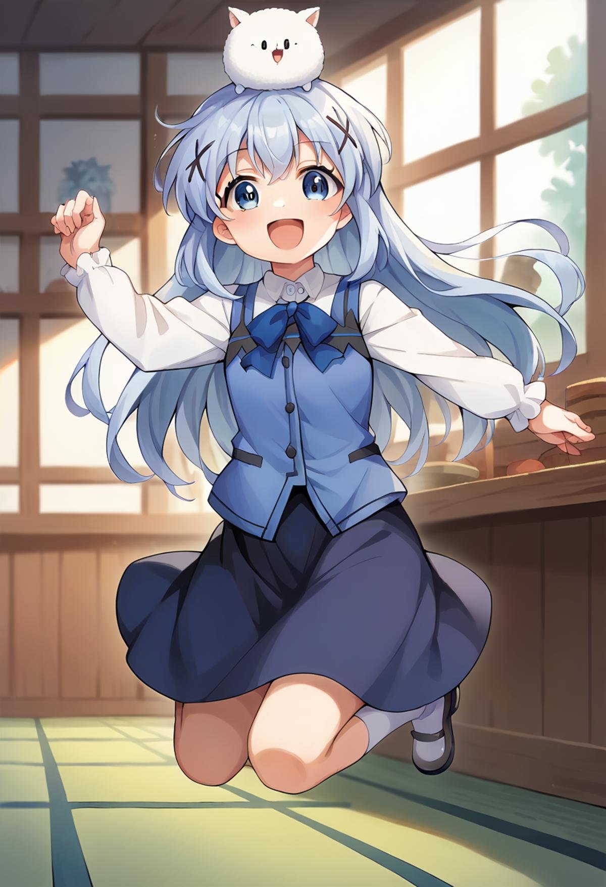 score_9, score_8_up, score_7_up, source_anime, masterpiece, 1girl, chinok, long hair, long sleeves, blue vest, collared shirt, skirt, angora rabbit, looking at viewer,  jumping, happy, ^ ^, animal on head, indoors <lora:chinokafu_ctV2:0.8>