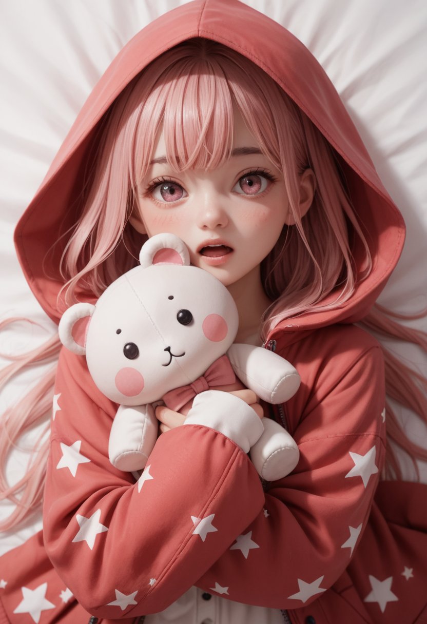 score_9, score_8_up, score_7_up, score_6_up, , score_5_up, , score_4_up, 
BREAK , 

masterpiece, best quality, 1girl, solo, looking at viewer, blush, open mouth, bangs, long sleeves, jacket, pink hair, hood, pink eyes, star \(symbol\), :o, sleeves past wrists, hooded jacket, red jacket, hood up, star print. upper body, pov, pink room, hugging doll, from above