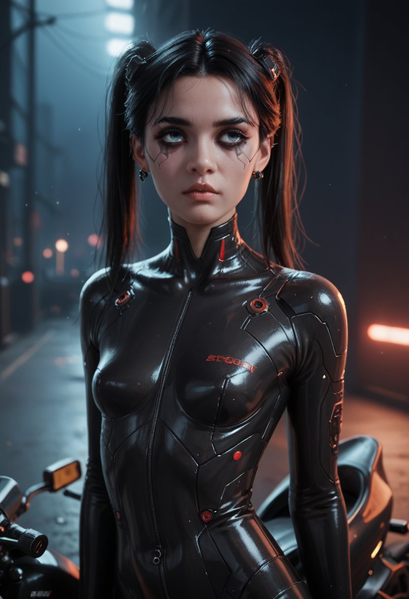 score_9, score_8_up, score_7_up, score_6_up, score_5_up, score_4_up,
BREAK 
1 girl, solo, skinny, bodysuit, grinning, Colored eyelashes, cyberpunk, at night, motorbike, futuristic, black hair, twin tails, piercings goth makeup, dark background. faded