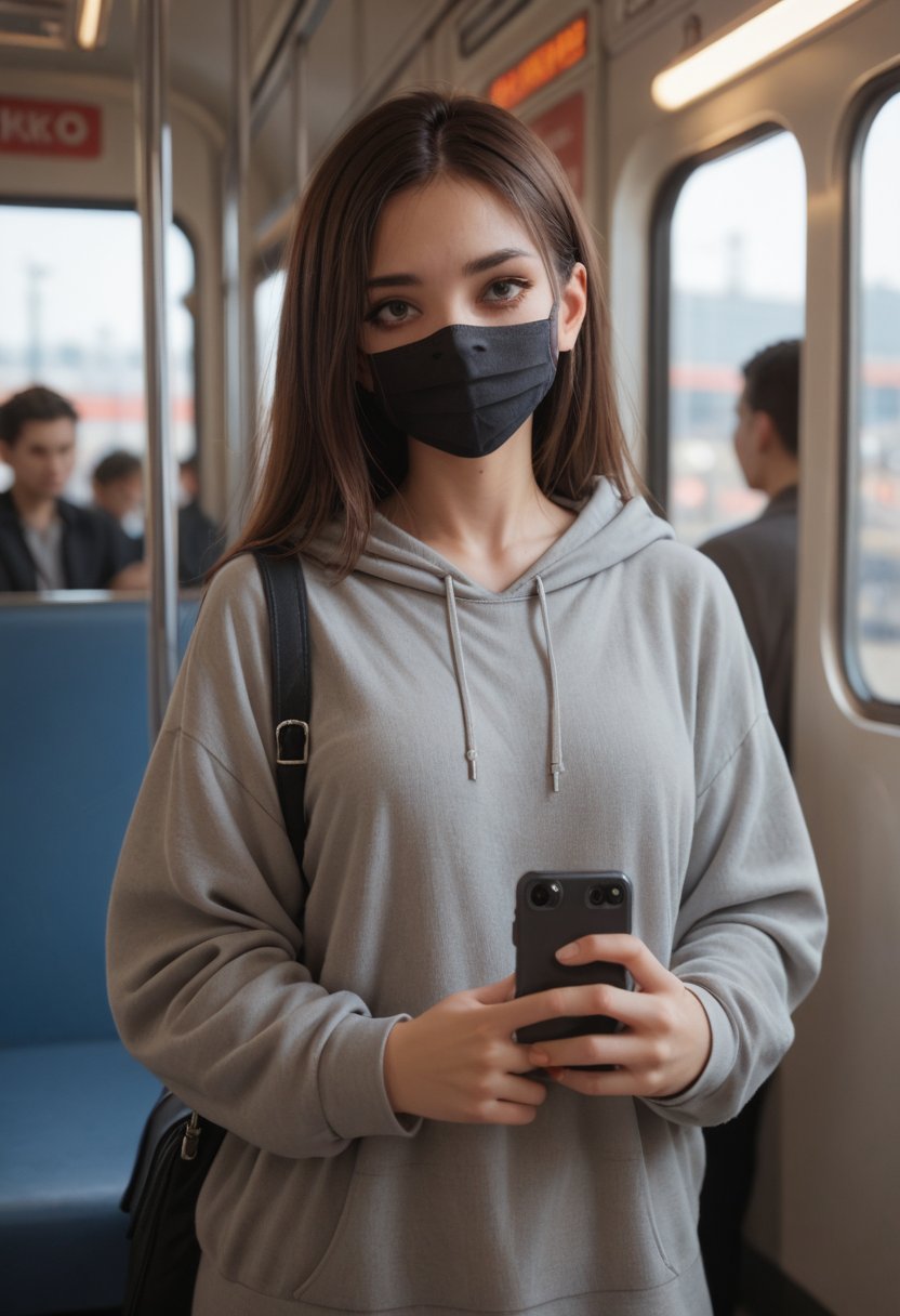 score_9, score_8_up, score_7_up, score_6_up, 
BREAK , 

on public transportation. A young woman, wearing a face mask, is standing on what appears to be a train or subway car. She is wearing an oversized grey sweatshirt but has very little else covering her lower body, raising potential issues of privacy and inappropriate public exposure. There is another passenger visible in the background, looking at their phone while this situation unfolds nearby.