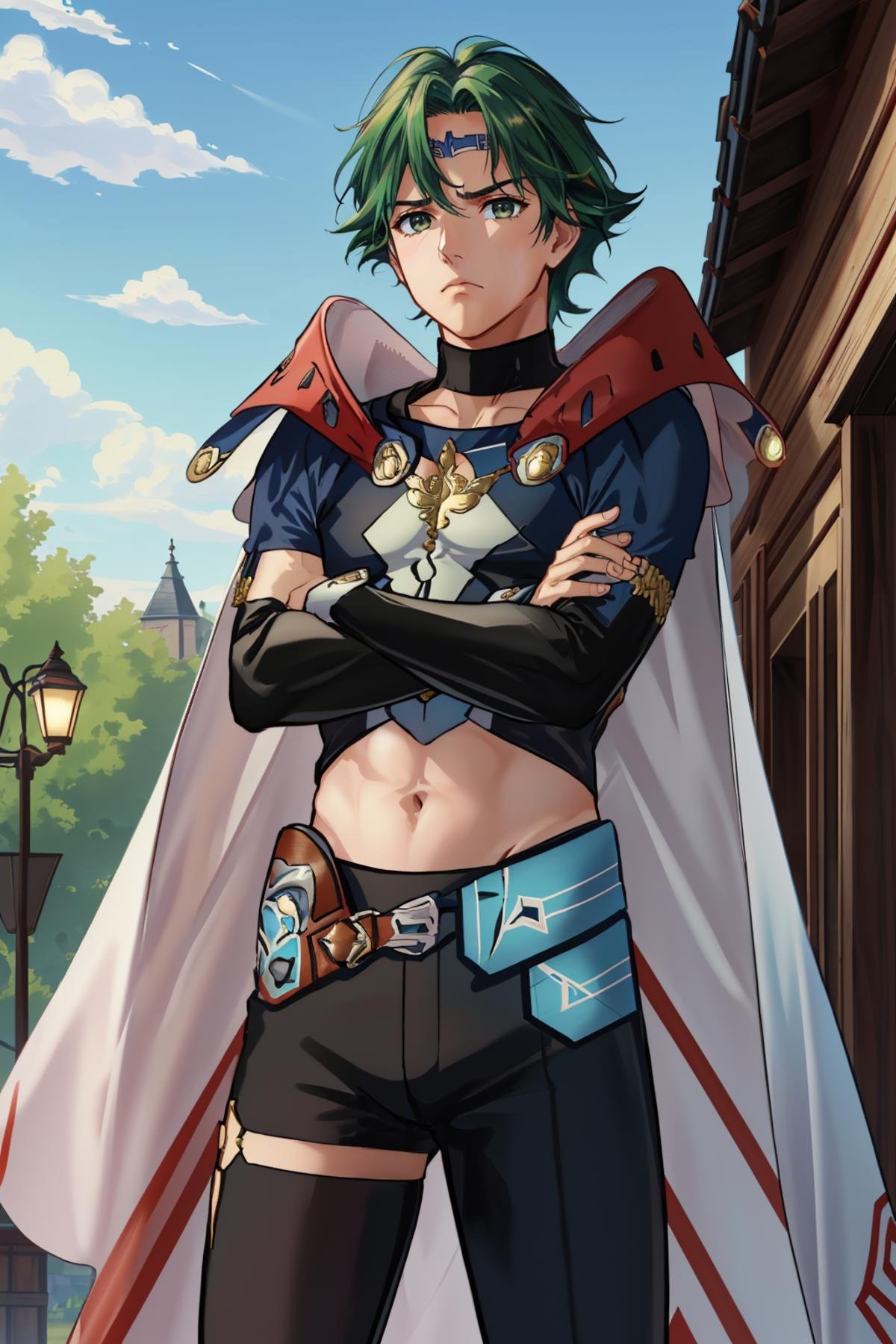 best quality, 1boy, cowboy shot, looking at viewer, frown, crossed arms, <lora:Alm_Fp:1> almfe, <lora:SageOutfitFE17:0.9> fe17sage, crop top, high collar, long sleeves, midriff, black pants, asymmetrical legwear, clothing cutout, cape, outdoors, village