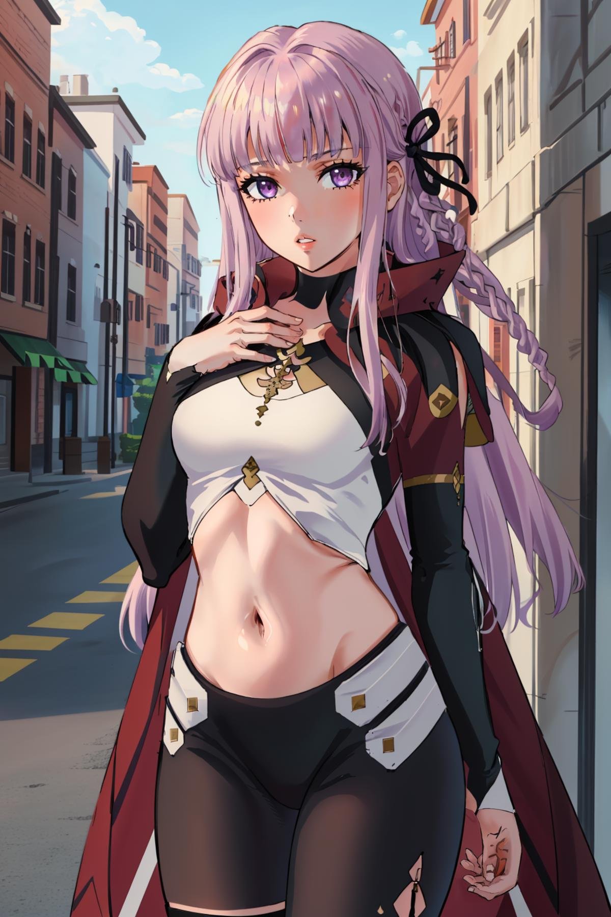 masterpiece, 1girl, cowboy shot, looking at viewer, parted lips, hand on own chest, <lora:kirigiri_kyoko_v1:0.8> aakyoko, long hair, purple hair, side braid, blunt bangs, hair ribbon, black ribbon, <lora:SageOutfitFE17:0.9> fe17sage, crop top, long sleeves, midriff, black pants, asymmetrical legwear, clothing cutout, cape, outdoors