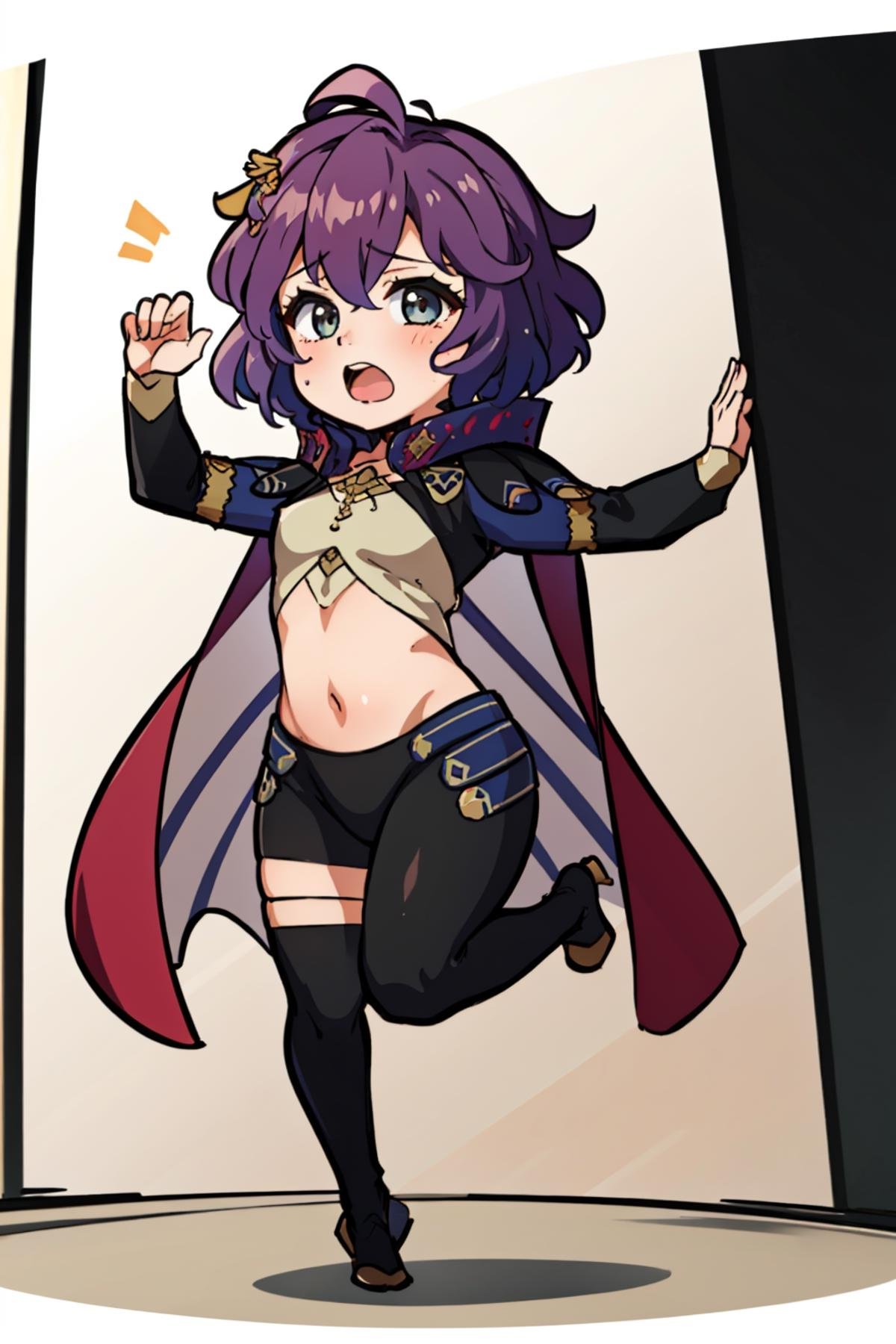 (masterpiece, best quality:1.2), 1girl, full body, looking at viewer, open mouth, surprised, <lora:bernadetta-nvwls-v2:0.7> defBernie, <lora:SageOutfitFE17:0.9> fe17sage, crop top, high collar, long sleeves, midriff, black pants, asymmetrical legwear, clothing cutout, cape,  <lora:DarkCabalChibiStyle:1> chibi, white background, simple background