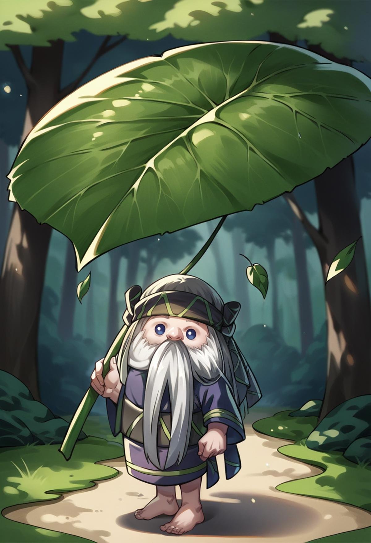 score_9, score_8_up, score_7_up, source_anime, 1boy, looking at viewer, holding leaf, leaf umbrella, <lora:KoropokkuruSMT-pdxl:1> koropSMT, chibi, long hair, headband, mustache, beard, ainu clothes, long sleeves, barefoot, outdoors, forest