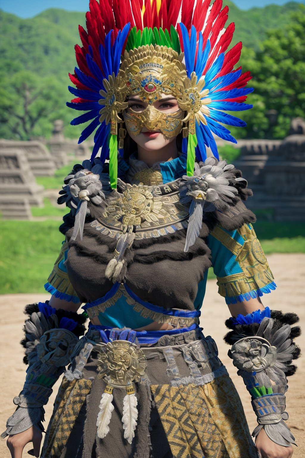 gold mask, busty and sexy girl, 8k, masterpiece, ultra-realistic, best quality, high resolution, high definition, indigenous Mesoamerican cultures, elaborate headdress with feathers , detailed armor with intricate designs, Aztec warriors, The gold-colored belt with a central medallion and animal depiction on the chest piece adds to the warrior aesthetic, shoulder armors