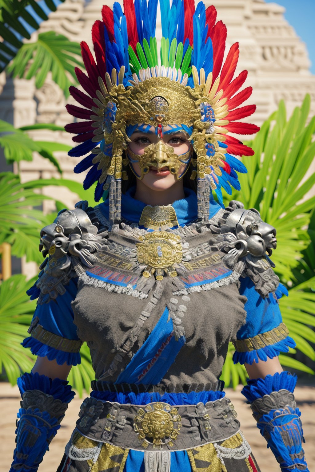 gold mask, busty and sexy girl, 8k, masterpiece, ultra-realistic, best quality, high resolution, high definition, indigenous Mesoamerican cultures, elaborate headdress with feathers , detailed armor with intricate designs, Aztec warriors, The gold-colored belt with a central medallion and animal depiction on the chest piece adds to the warrior aesthetic, shoulder head bone armors