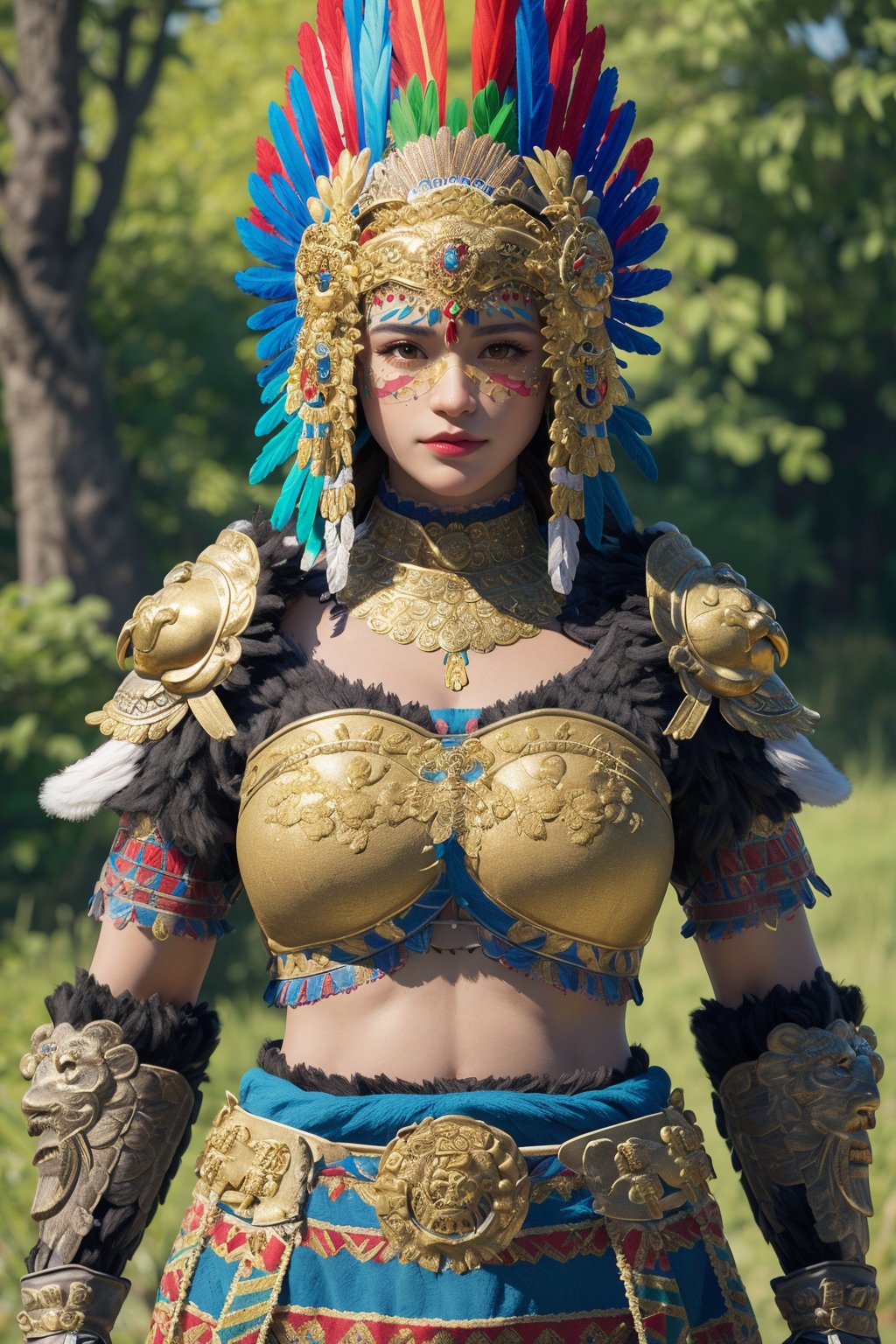 gold mask, busty and sexy girl, 8k, masterpiece, ultra-realistic, best quality, high resolution, high definition, indigenous Mesoamerican cultures, elaborate headdress with feathers , detailed armor with intricate designs, Aztec warriors, The gold-colored belt with a central medallion and animal depiction on the chest piece adds to the warrior aesthetic, shoulder head bone armors