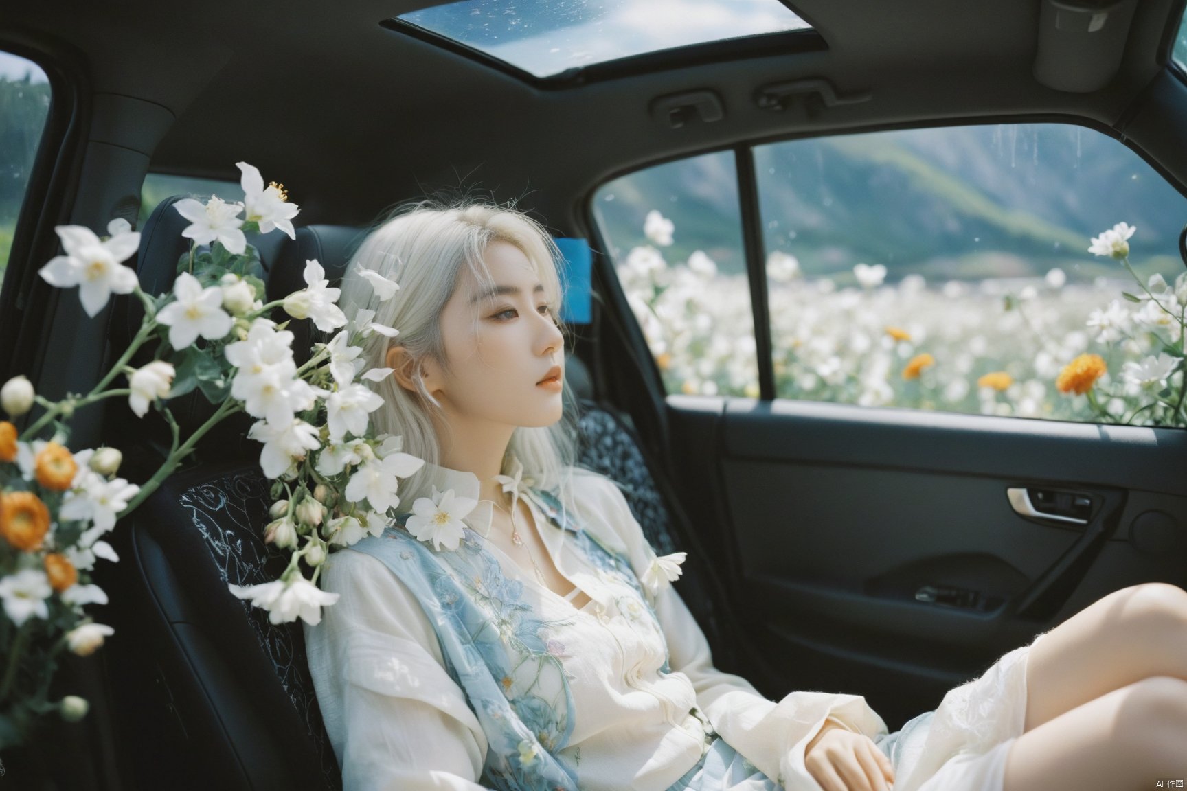  breathtaking ethereal fantasy concept art of cinematic film still,chinese girl,a girl with white hair sitting in car filled with flowers,art by Rinko Kawauchi,in the style of naturalistic poses,vacation dadcore,youth fulenergy,a cool expression,body extensions,flowersin the sky,****og film,super detail,dreamy lofi photography,colourful,covered in flowers andvines,Inside view,shot on fujifilm XT4 . shallow depth of field,vignette,highly detailed,high budget,bokeh,cinemascope,moody,epic,gorgeous,film grain,grainy . magnificent,celestial,ethereal,painterly,epic,majestic,magical,fantasy art,cover art,dreamy,monkren, . award-winning, professional, highly detailed, light master, monkren, sunlight