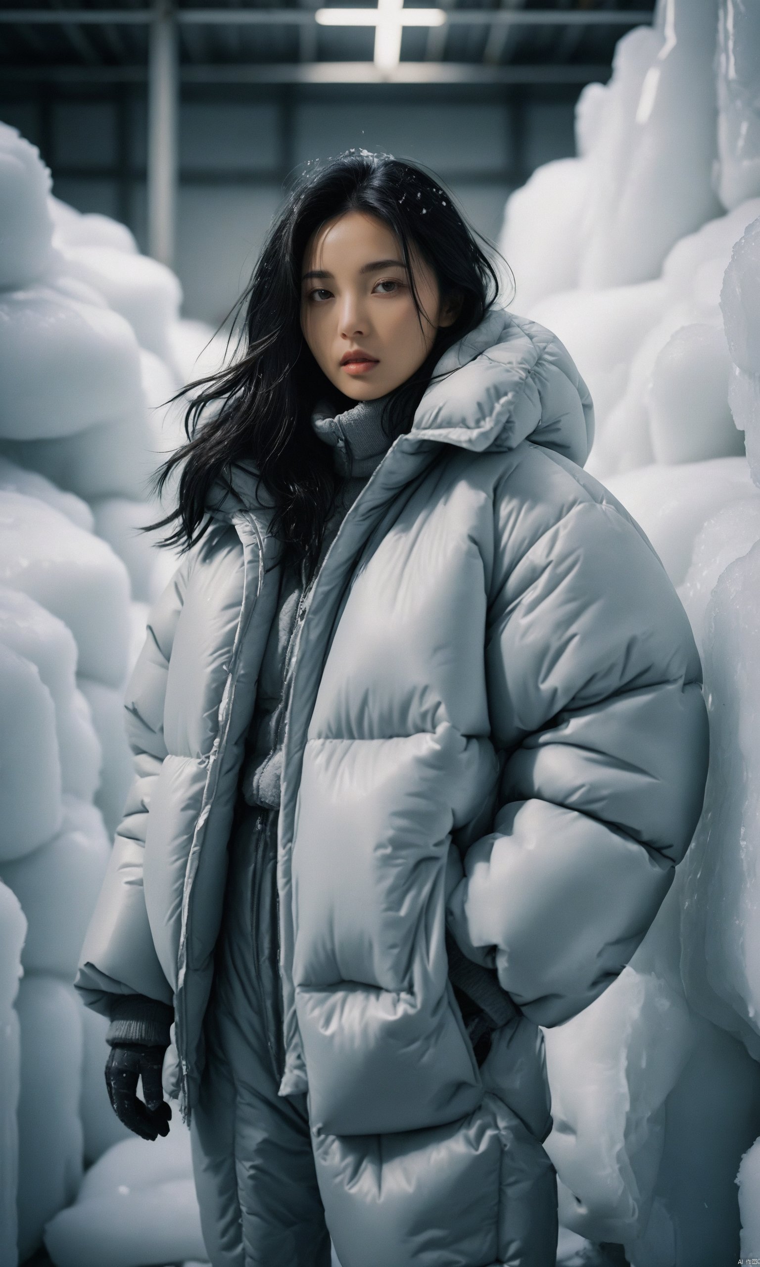 film photography aesthetic, In the photo, an Asian woman, likely in her 30s, inside an industrial freezer warehouse, wearing thick puffy down jacket, wearing thick puffy down pants, thick puffy down suit, direct and engaging gaze, long black hair cascading over her shoulders, clean and minimal background enhancing focus on the model, snow and ice covering everything, frost, ice, high-resolution image capturing fine details., Vibrant, whimsical