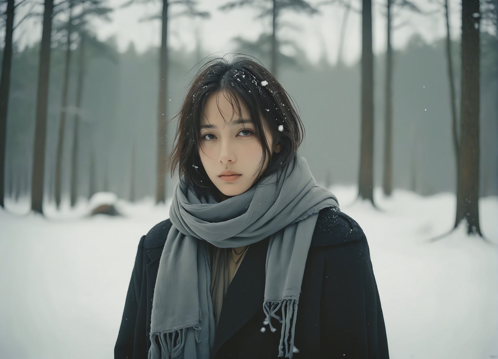  a woman standing in the snow with a scarf,album cover,forest in background,atmospheric and depressed,film,longcoat,best shot, reality,analog film photo,faded film,desaturated,35mm photo,grainy,vignette,vintage,Kodachrome,Lomography,stained,highly, realistic