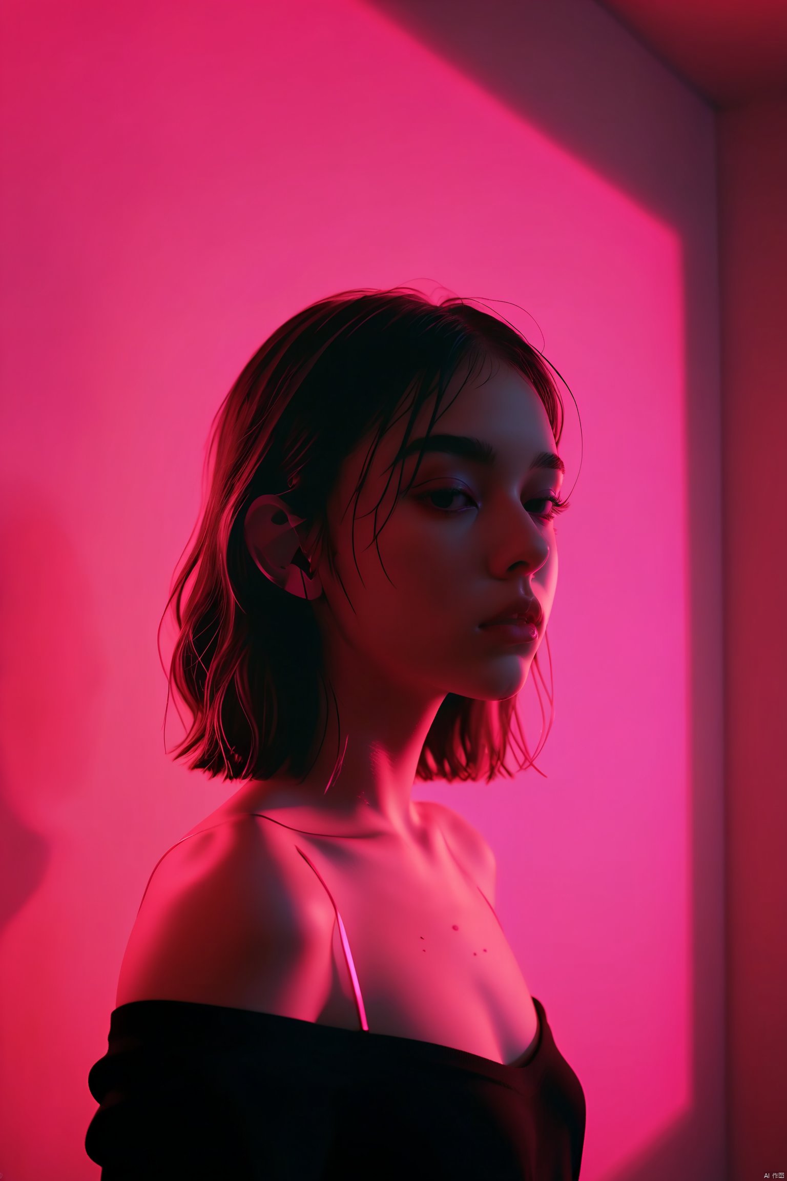 (Ombre color scheme of black , neon pink, neon light pink ), 1girl, subsurface scattering, Photorealistic, Hyperrealistic, analog style, realistic, film photography, soft lighting, heavy shadow,