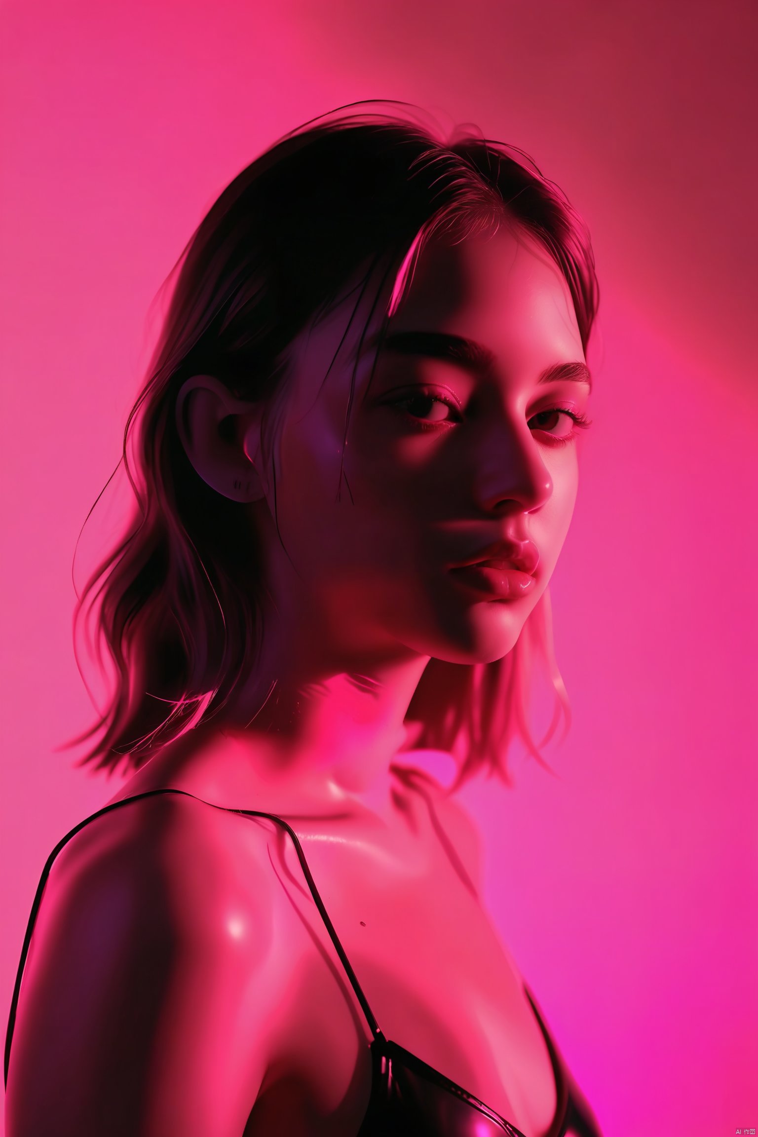 (Ombre color scheme of black , neon pink, neon light pink ), 1girl, subsurface scattering, Photorealistic, Hyperrealistic, analog style, realistic, film photography, soft lighting, heavy shadow,