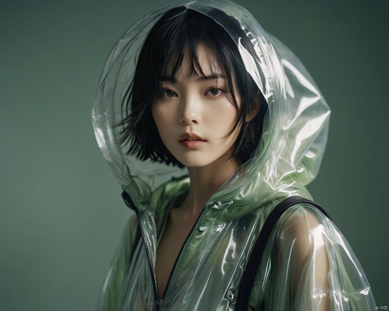 cinematic photo fine art photography of a beautiful slender japanese model walking, high-fashion custome designed by martin margiela, short black hair, multiple soft lighting, greenish gray background, transparent plastic, inflated, multilayered, puffy, intricated, hooded, surreal, subdued, realistic, characters . 35mm photograph, film, bokeh, professional, 4k, highly detailed