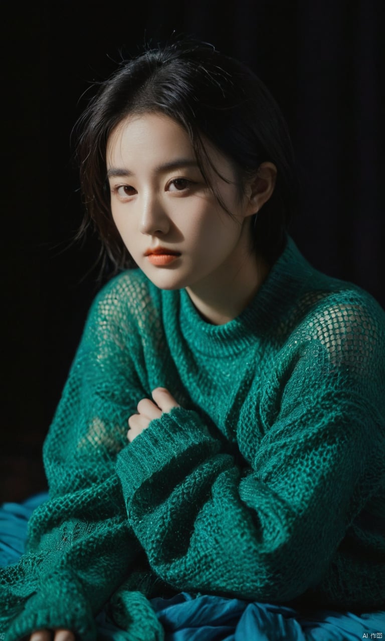 Surrealist art chinese girl,18yo,Portrait Studio,facial,official art,photographic lights,warm light,black background,realistic,solo,Sony A7R IV with Sony FE 85mm f-1.4 GM,Agfa Vista 400,green sweater,a blue blanket,surrealistic,16k image quality,sparse mesh sweater, . Dreamlike, mysterious, provocative, symbolic, intricate, detailed