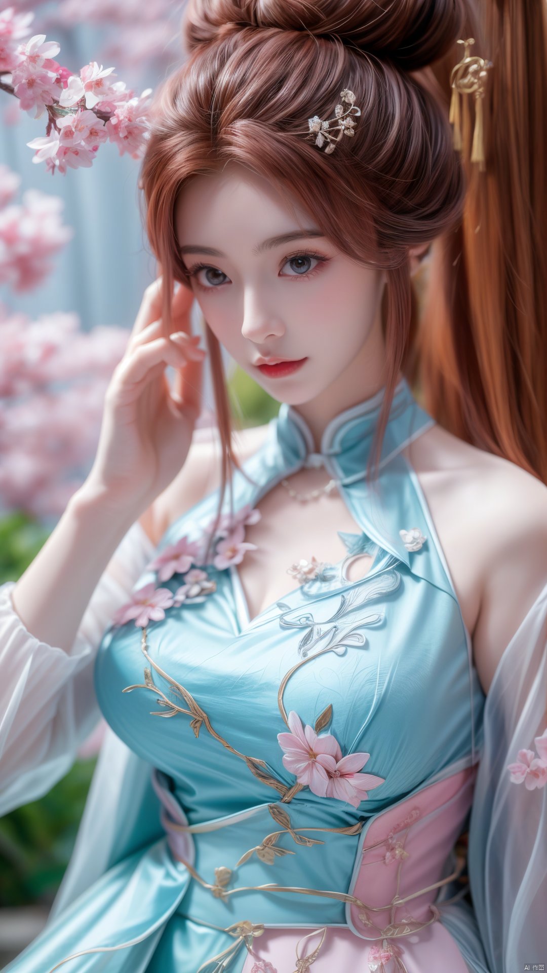 masterpiece,(best quality),upper_body,,exploring cherry blossom branches,wonderland,light blue element, sly,Xsulingyun,(big breasts:1.29), traditional chinese ink painting