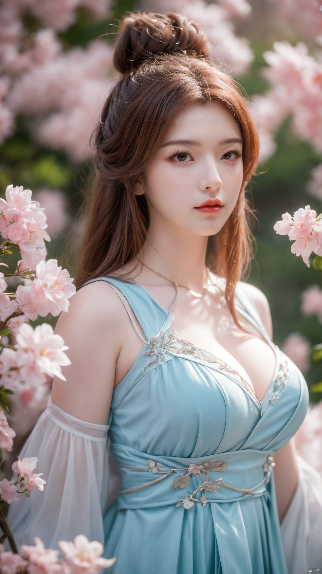 masterpiece,(best quality),upper_body,,exploring cherry blossom branches,wonderland,light blue element, sly,Xsulingyun,(big breasts:1.29)