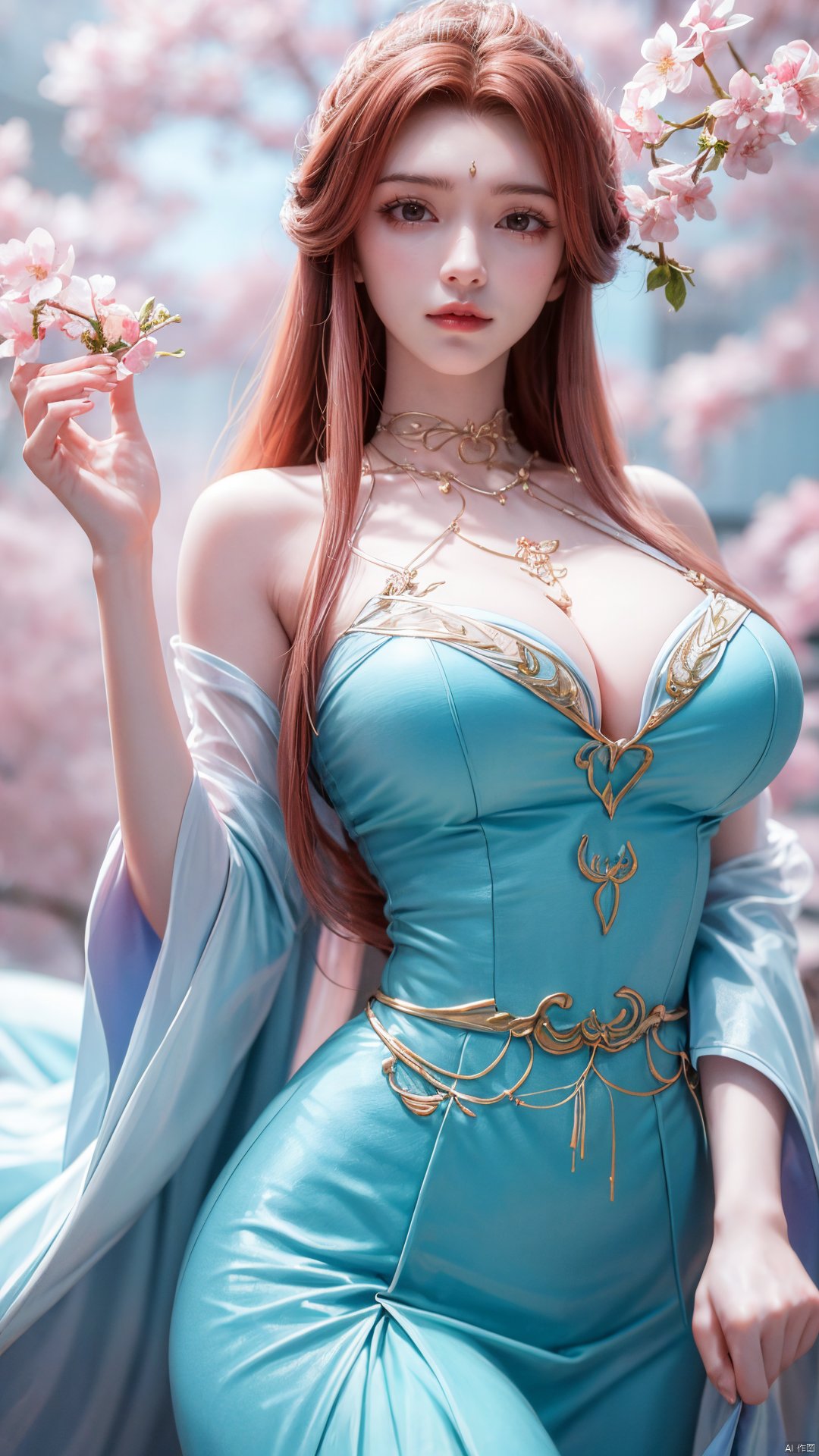 masterpiece,(best quality),upper_body,,exploring cherry blossom branches,wonderland,light blue element, sly,Xsulingyun,(big breasts:1.29)