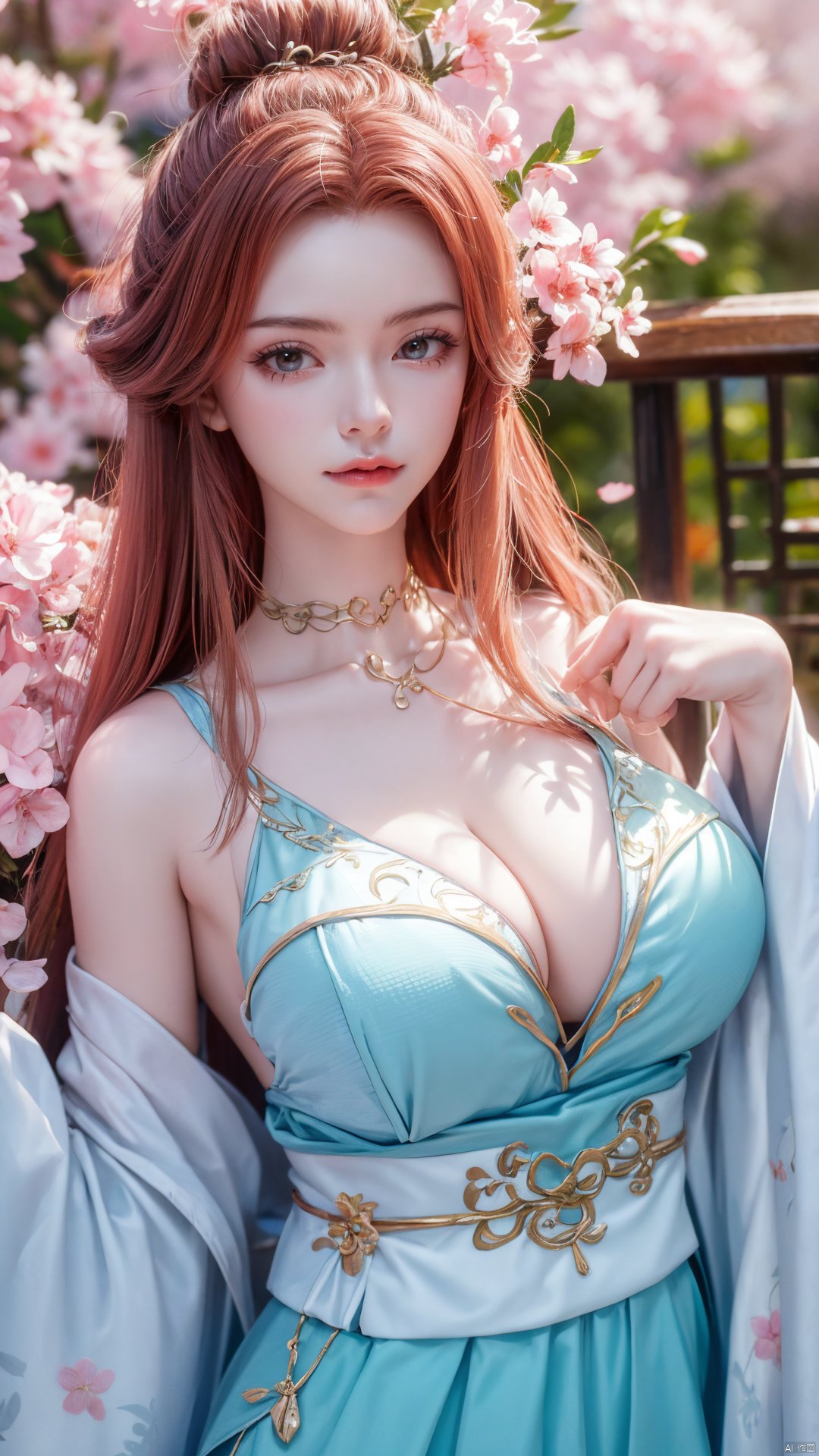 masterpiece,(best quality),upper_body,,exploring cherry blossom branches,wonderland,light blue element, sly,Xsulingyun,(big breasts:1.29), traditional chinese ink painting