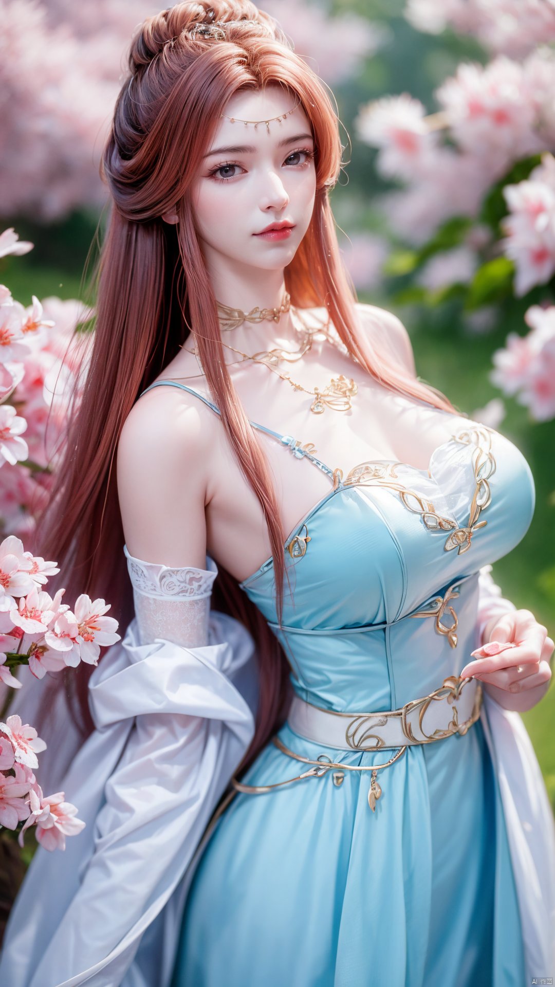 masterpiece,(best quality),upper_body,,exploring cherry blossom branches,wonderland,light blue element, sly,Xsulingyun,(big breasts:1.29)