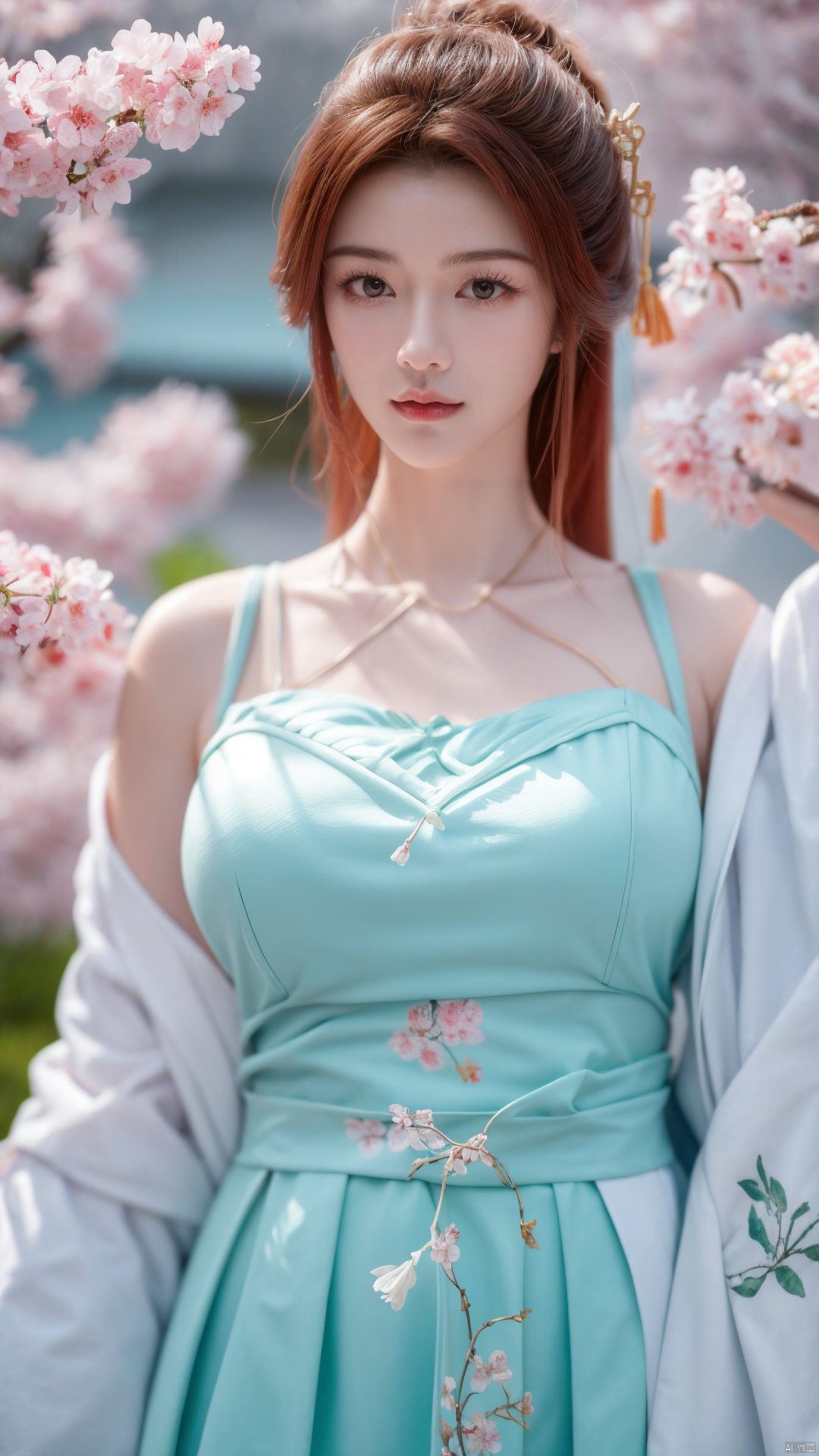 masterpiece,(best quality),upper_body,,exploring cherry blossom branches,wonderland,light blue element, sly,Xsulingyun,(big breasts:1.29), traditional chinese ink painting