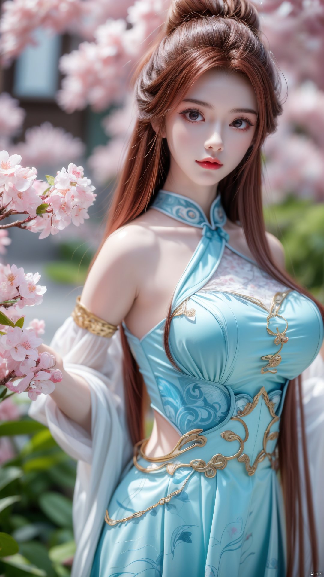 masterpiece,(best quality),upper_body,,exploring cherry blossom branches,wonderland,light blue element, sly,Xsulingyun,(big breasts:1.29), traditional chinese ink painting