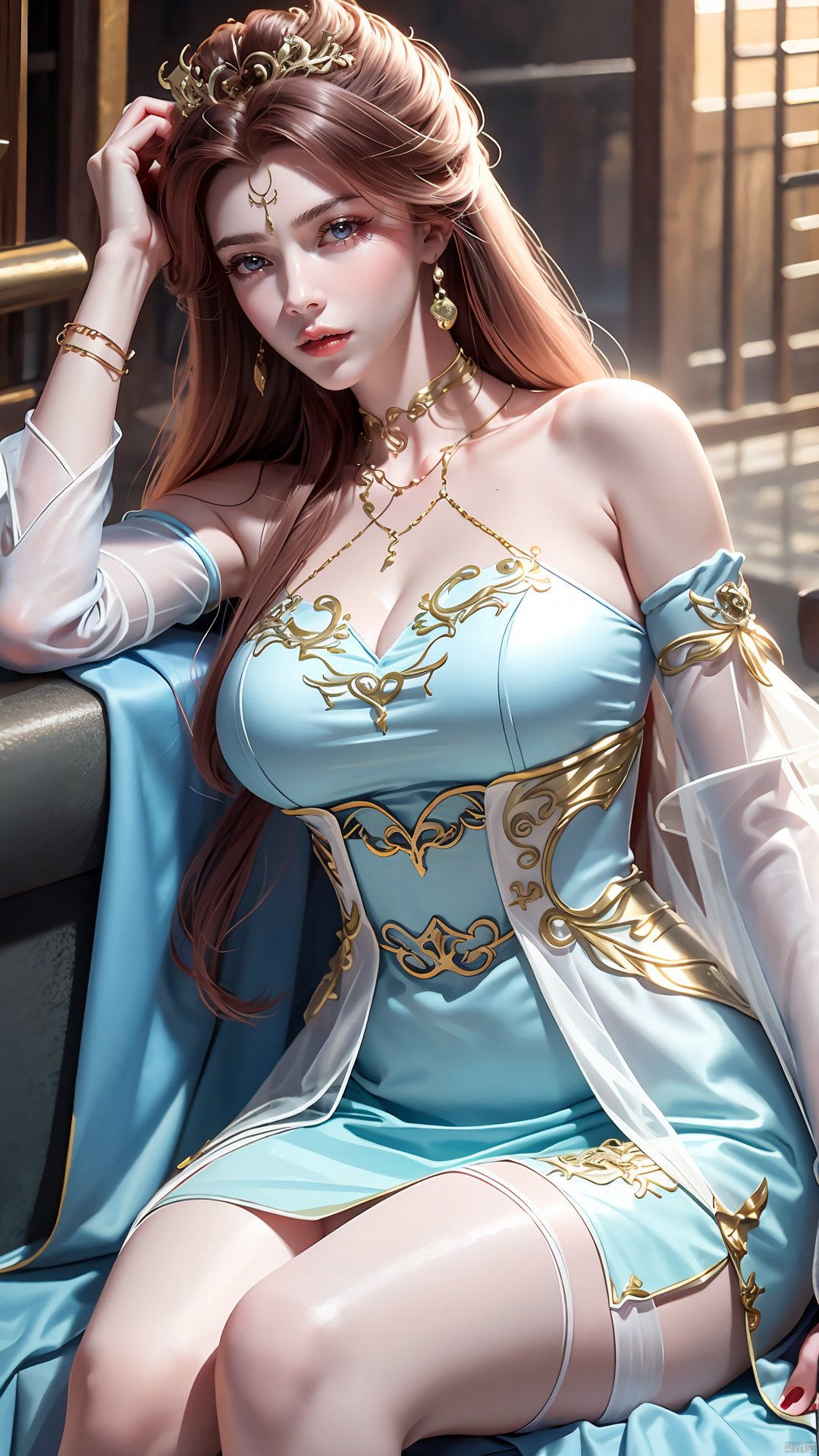 masterpiece,(best quality),official art,extremely detailed cg 8k wallpaper,(extremely delicate and beautiful),solo,realistic,photo_\(medium\),head rest,1girl,chinese clothes,gown,bare shoulders,metal collar,chain,solo,brown hair,long hair,gown,jewelry,bracelet,detached sleeves,hair ornament,see-through,,Xsulingyun,(big breasts:1.23)