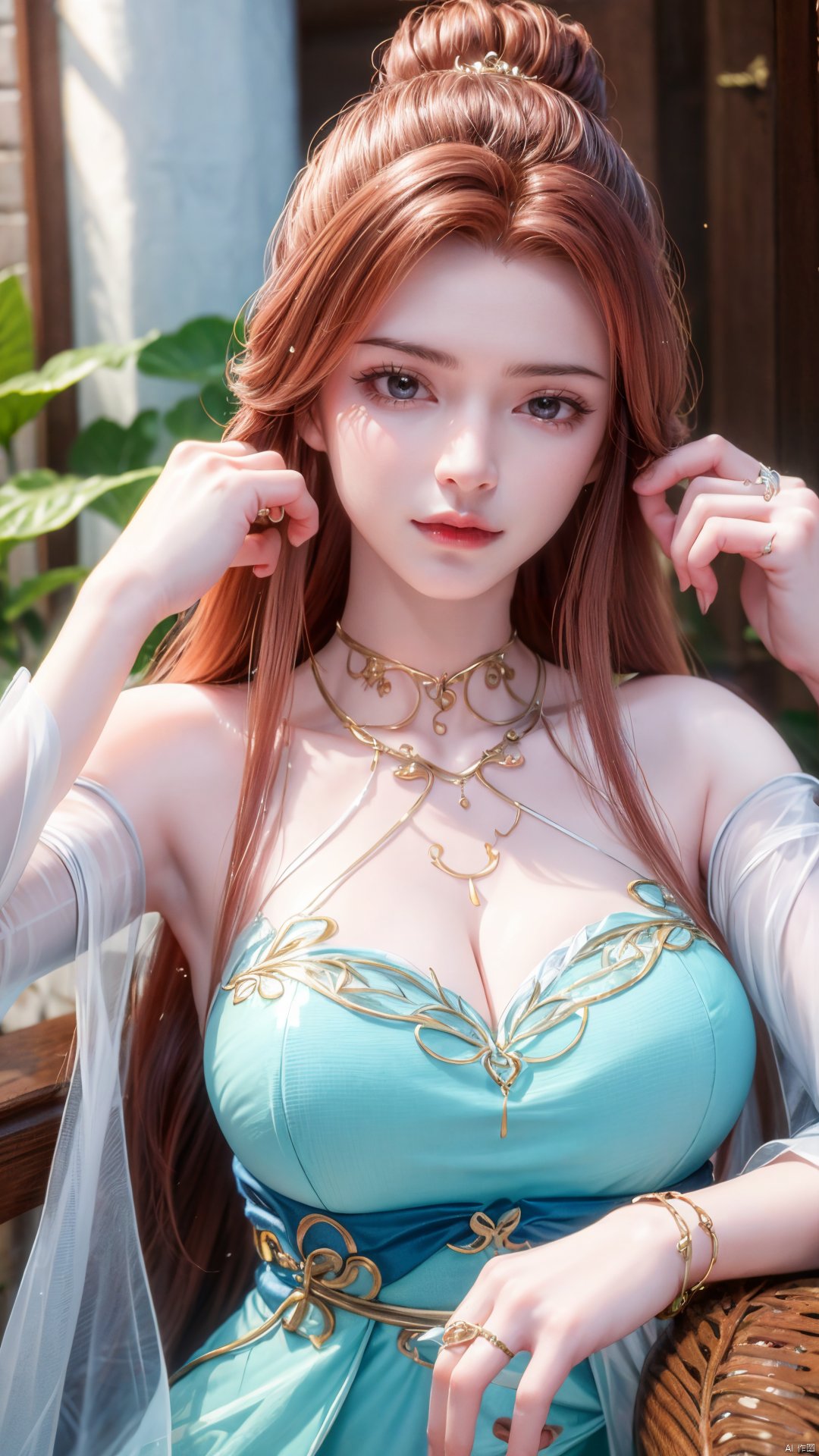 masterpiece,(best quality),official art,extremely detailed cg 8k wallpaper,(extremely delicate and beautiful),solo,realistic,photo_\(medium\),head rest,1girl,chinese clothes,gown,bare shoulders,metal collar,chain,solo,brown hair,long hair,gown,jewelry,bracelet,detached sleeves,hair ornament,see-through,,Xsulingyun,(big breasts:1.29),Xningyudie,X-Hydrangea, Water_butterfly, ty-hd