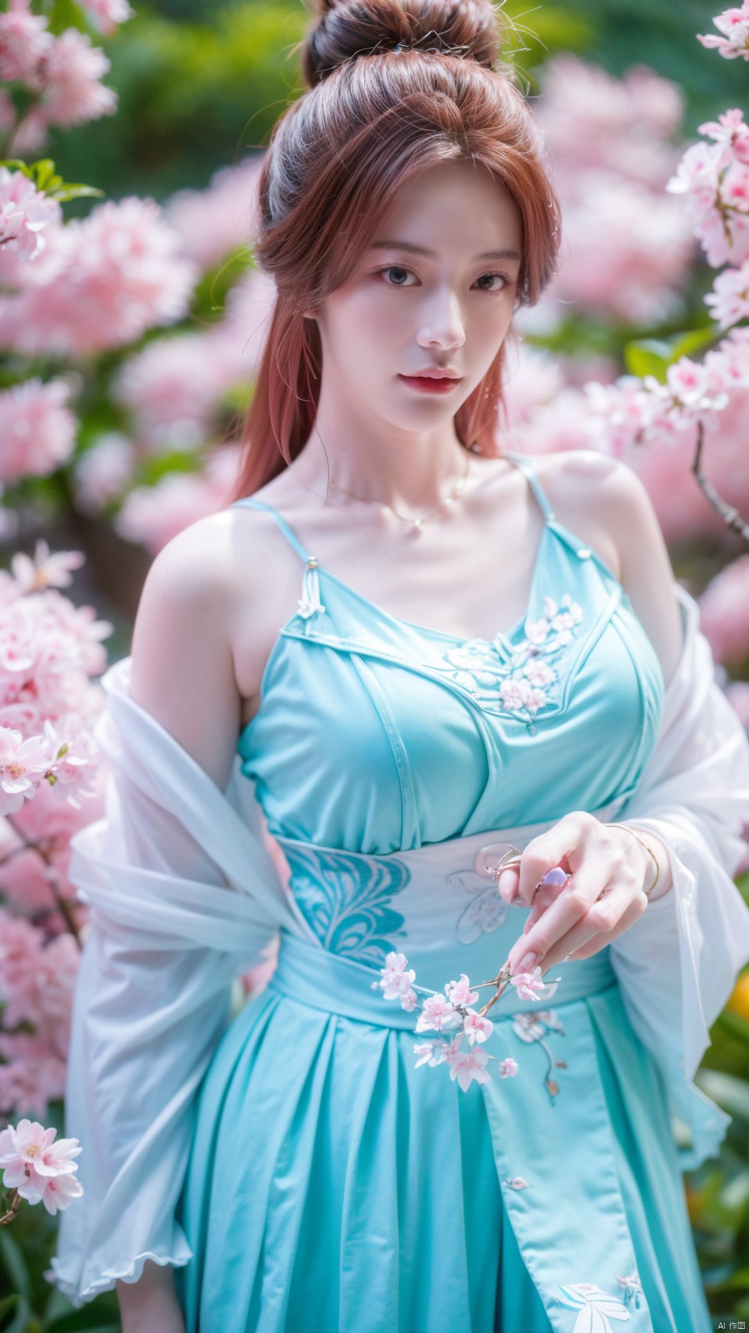 masterpiece,(best quality),upper_body,,exploring cherry blossom branches,wonderland,light blue element, sly,Xsulingyun,(big breasts:1.29), traditional chinese ink painting,1girl