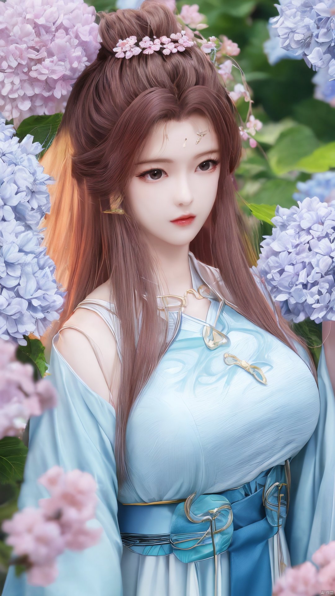 masterpiece,(best quality),upper_body,,exploring cherry blossom branches,wonderland,light blue element, sly,Xsulingyun,(big breasts:1.26), Yunxiao_Fairy,X-Hydrangea, hanfu, ty-hd