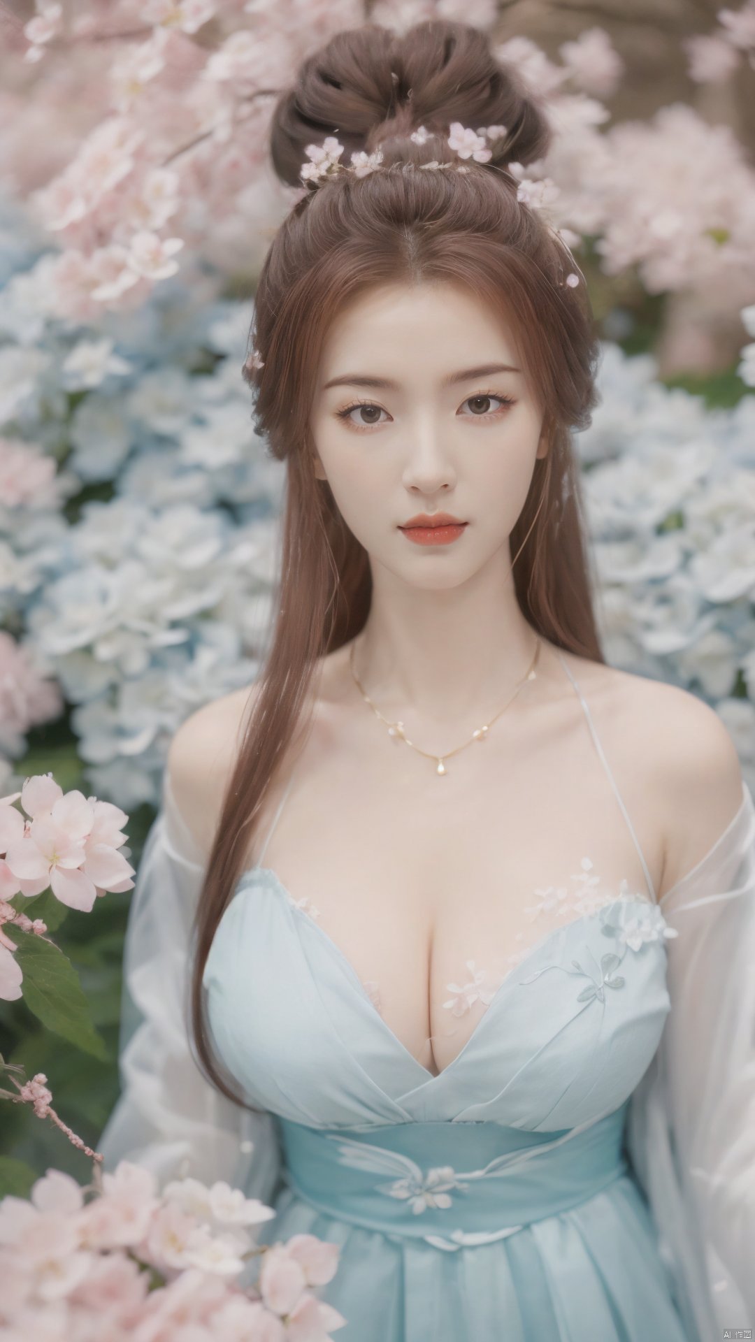 masterpiece,(best quality),upper_body,,exploring cherry blossom branches,wonderland,light blue element, sly,Xsulingyun,(big breasts:1.26), Yunxiao_Fairy,X-Hydrangea, hanfu, ty-hd